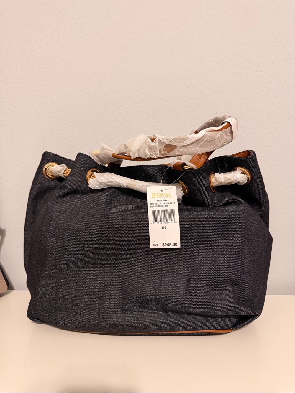 Michael Kors Black Denim Shoulder Tote with Gold Accents